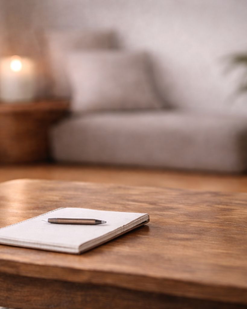 Notizbuch mit Stift auf einem Holztisch, im Hintergrund ein Sofa, eine Kerze und eine Pflanze
