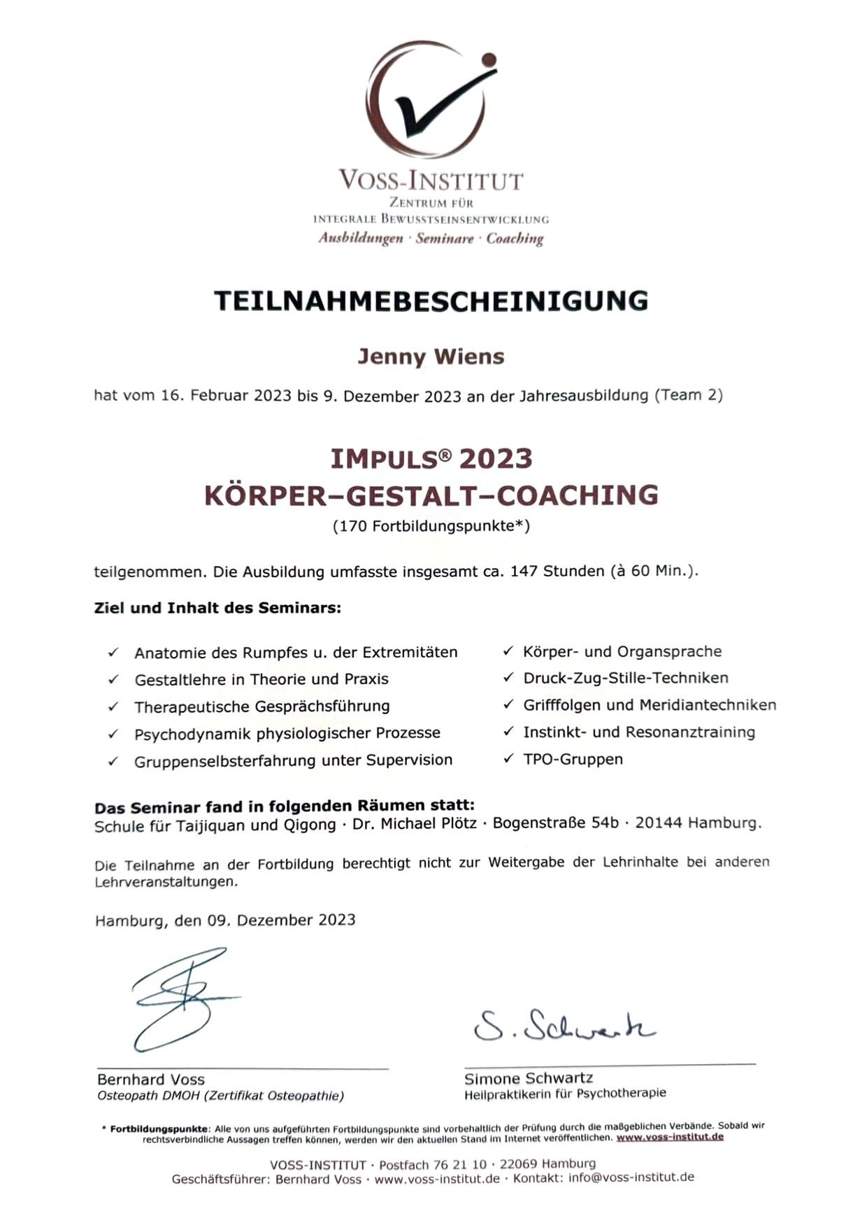 Teilnahmebescheinigung: IMPULS® Körper-Gestalt-Coaching (Jahresausbildung), 16.02. – 09.12.2023