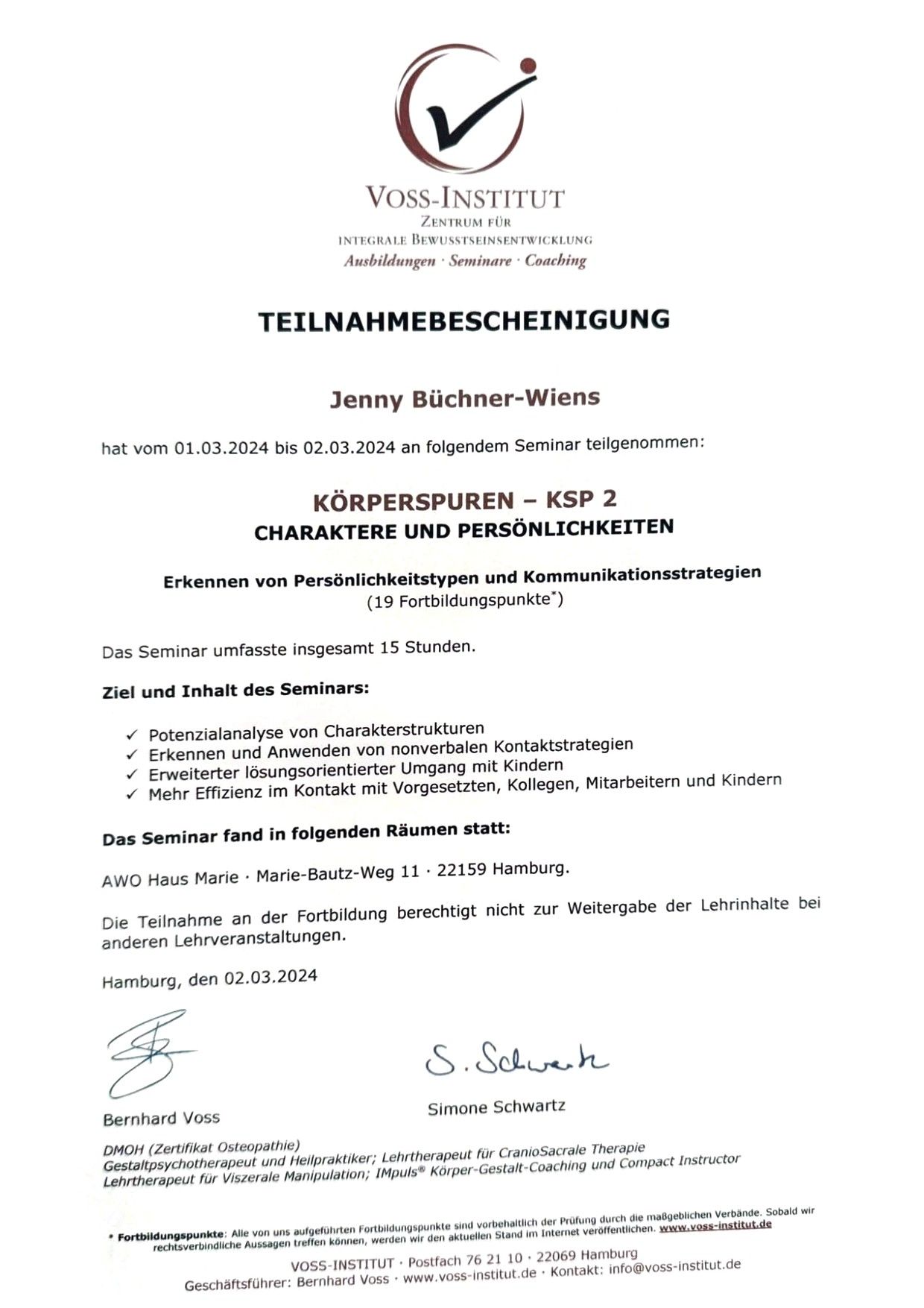 Teilnahmebescheinigung: Körperspuren KSP 2: Charaktere und Persönlichkeiten, 01. – 02.03.2024