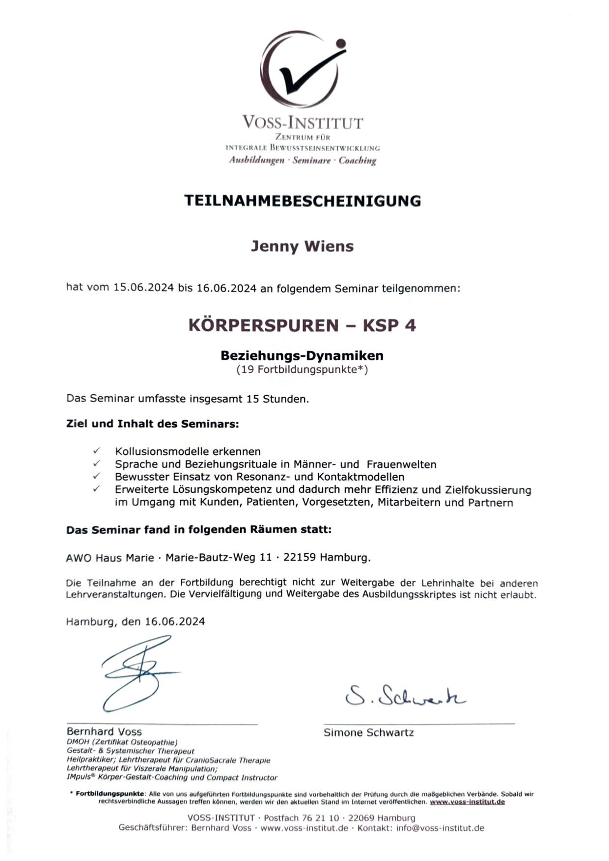 Teilnahmebescheinigung: Körperspuren KSP 4: Beziehungs-Dynamiken, 15. – 16.06.2024