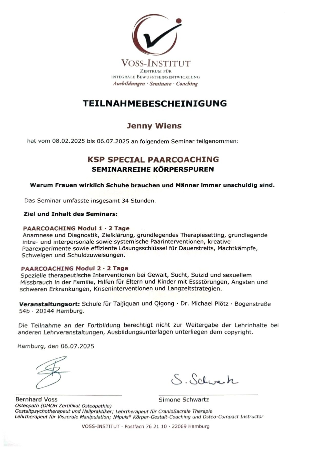 Teilnahmebescheinigung: KSP Special Paarcoaching (Seminarreihe Körperspuren), 08.02. – 06.07.2025