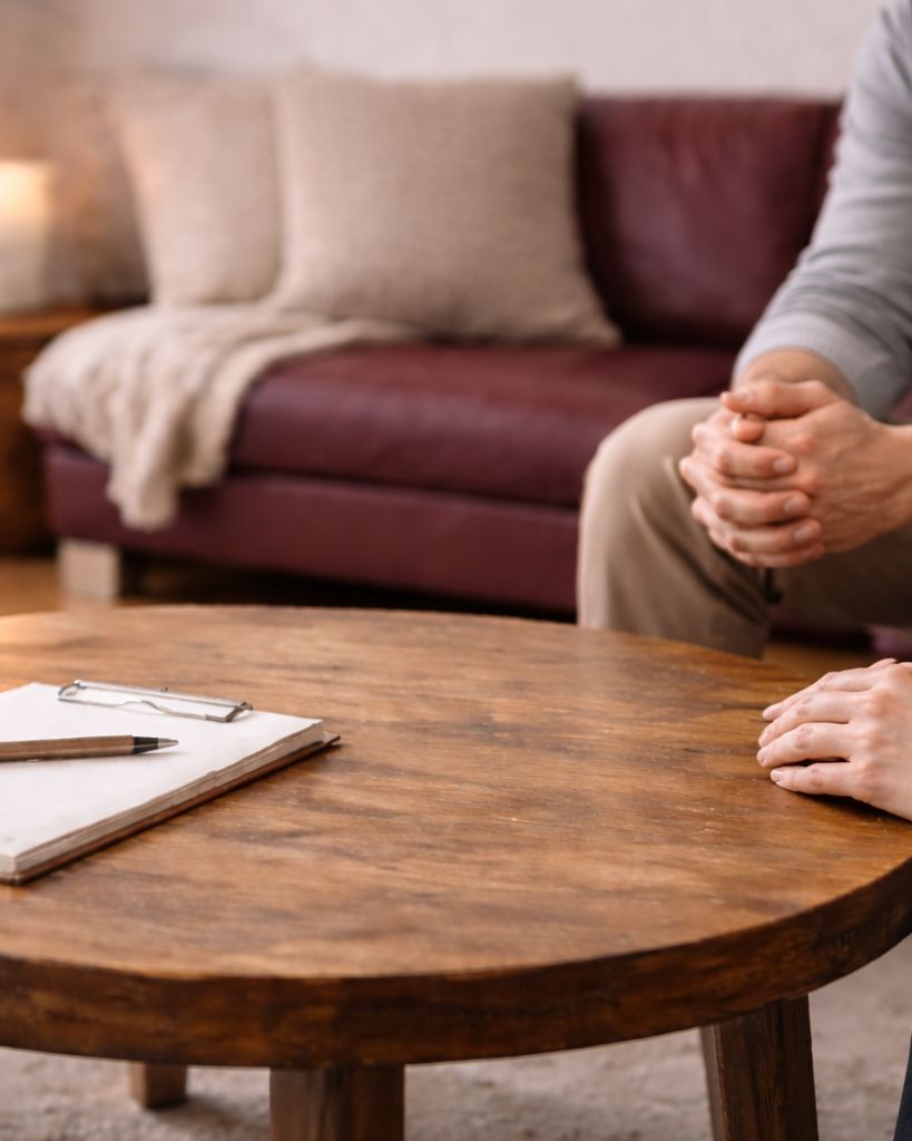 Zwei Personen sitzen an einem runden Holztisch mit Notizblock, im Hintergrund ein Sofa