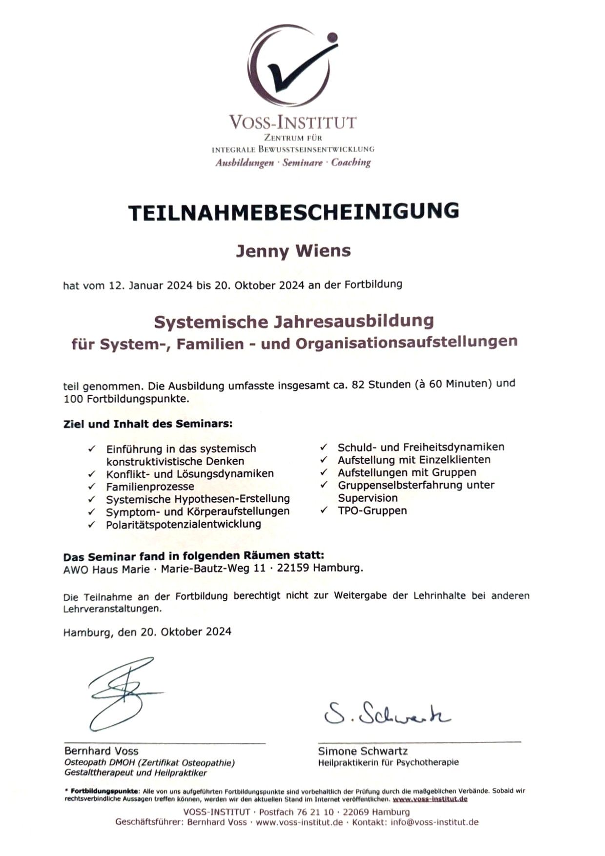 Teilnahmebescheinigung: Systemische Jahresausbildung für System-, Familien- und Organisationsaufstellungen, 12.01. – 20.10.2024
